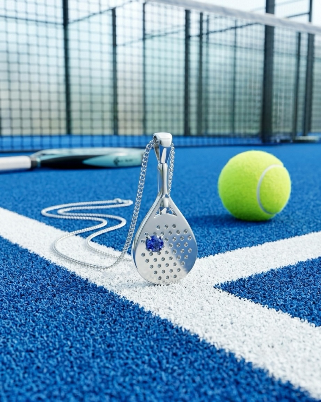 The Match Point - Blue Sapphire Padel Racquet Necklace
