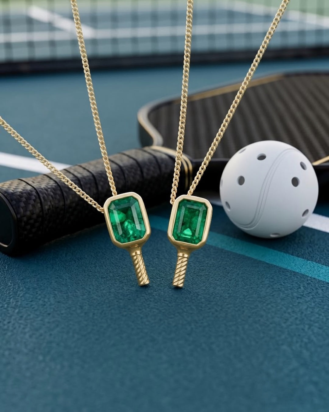 Two gold-tone tennis necklaces with rectangular green emerald-cut stones, displayed on a tennis court with a paddle and tennis ball in the background.