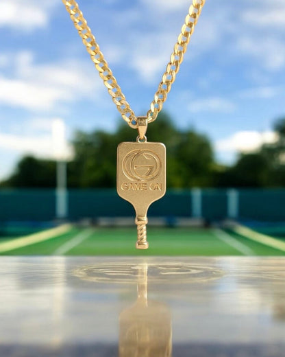 Pickleball Paddle Pendant 14K Yellow Gold with GameOn Jewelry Logo