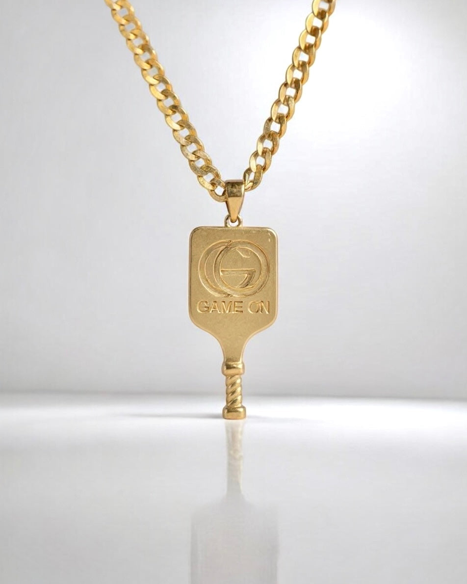 Pickleball Paddle Pendant 14K Yellow Gold with GameOn Jewelry Logo